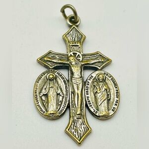 Vintage Silver Tone Jesus, Mary, and Joseph Crucifix Cross. Miraculous Medal